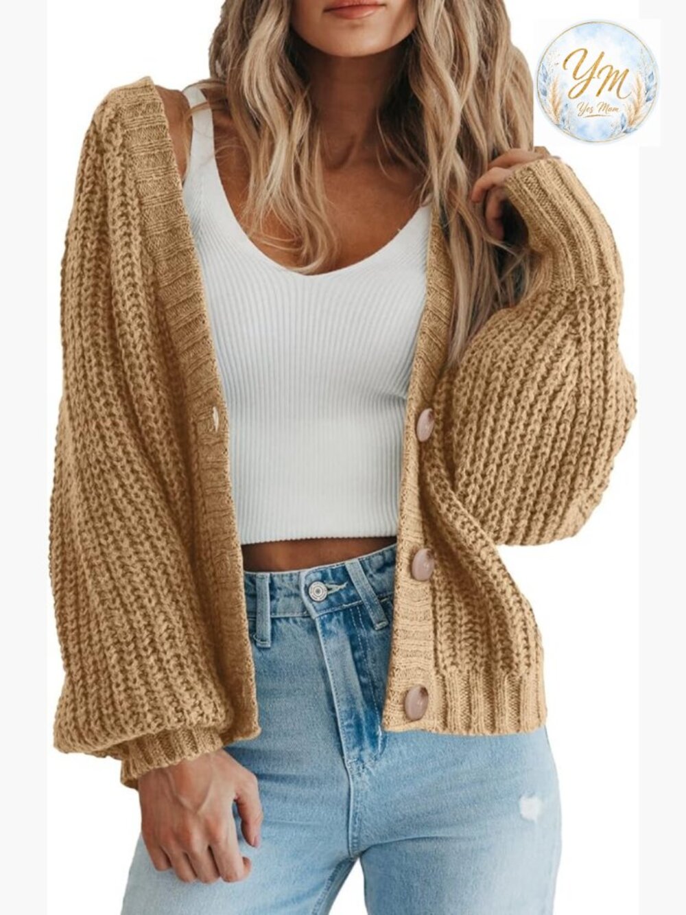 Open Front Chunky Knit Button Down Cardigan Sweater Long Sleeve Loose Fit
